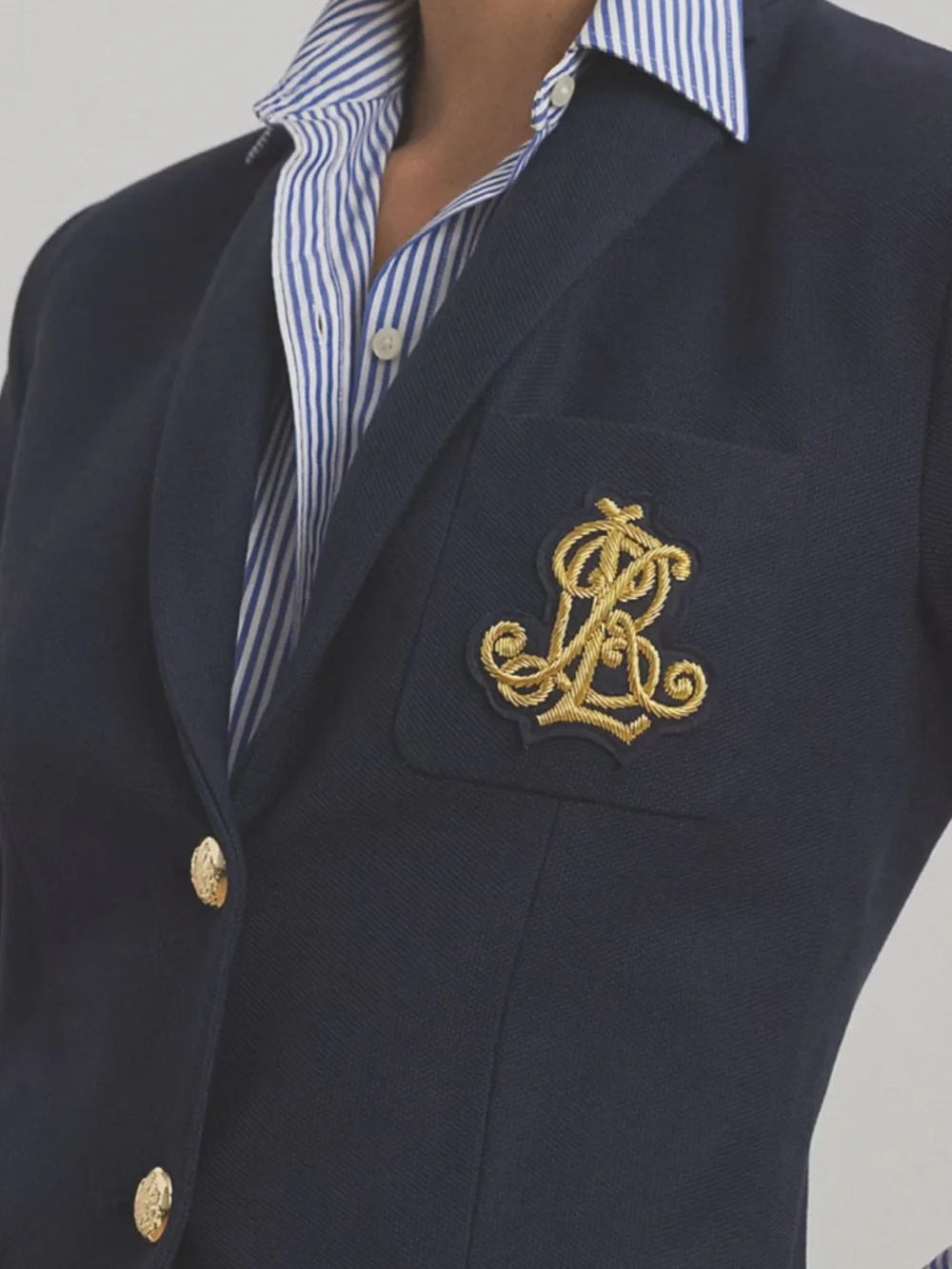 Lauren Ralph Lauren Jacquard Bullion Patch Blazer Navy Gold Buttons XL Current - Picture 2 of 9